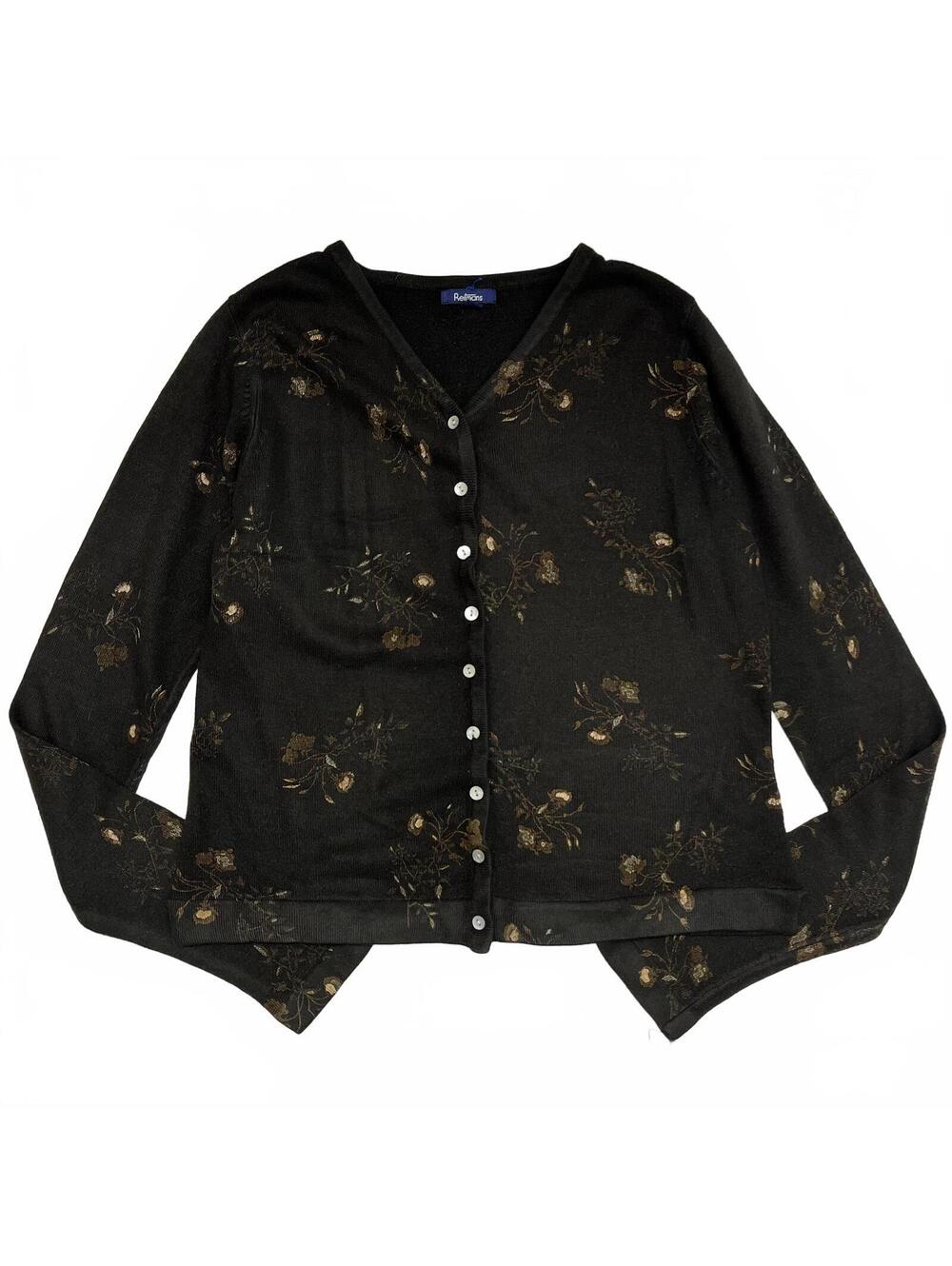 Y2K Reitmans Dark Brown Floral Print V Neck Long Sleeve Buttoned Cardigan Sz M